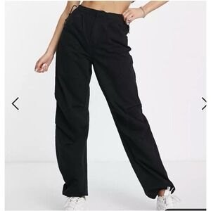 Bershka Women's Parachute Baggy Pants Medium Black adjustable waist tapered fit